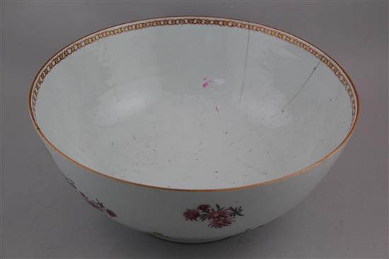 A Chinese export famille rose punch bowl, Qianlong period, 30.8cm, cracks